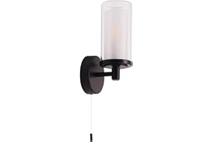 Contemporary Double Glass and Matte Black Metal Bathroom Wall Lamp IP44 Rated with Pull Cord Switch | 1 x Maximum 7w E14 LED Required by Happy Homewares
