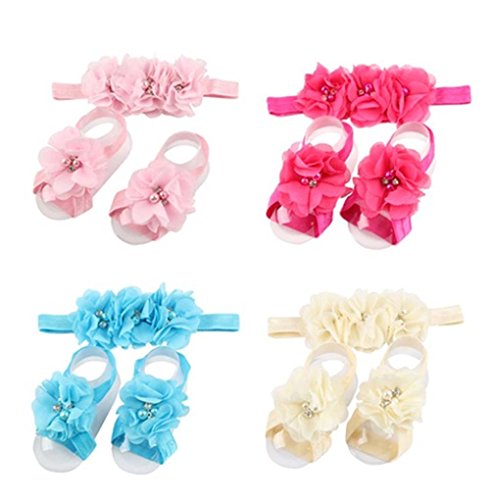 Enuo 4 Sets Baby's Girl's Pearl HeadBands HairBows and Barefoot Foot Flower