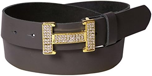 FRONHOFER Women's genuine leather belt, golden rhinestone H buckle, 1.4'/3.5cm, Size:waist size 31.5 IN M EU 80 cm, Color:Grey