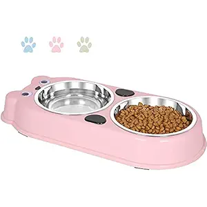 Bingo Pet Double Dog Cat Bowls Double Premium Stainless Steel Pet Bowls with Cute Modeling Pet Food Water Feeder Bowl