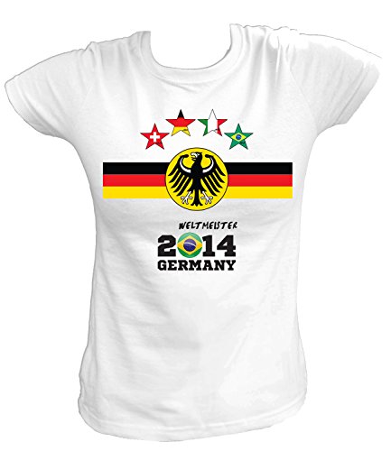 Artdiktat Damen Deutschland Fan T-Shirt – Fussball EM 2016 / Brasilien 2014 Germany – inkl. Wunschname und Nummer 4 Sterne Größe M, weiß