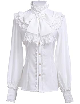 Damen Viktorianische Chiffon Bluse Ruffle Langarm Vintage Tops weiß