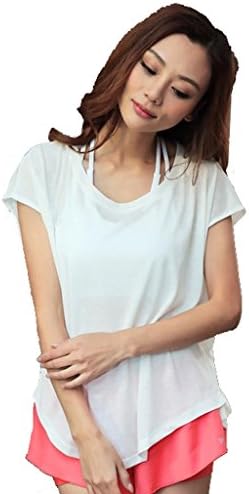 Wgwioo Womens/Ladies Sports Quick-Dry Short Sleeve Performance T-Shirt Solid Shirring Drape Blouse Basic Jersey Tshirt Stretch Casual Tops . White . L