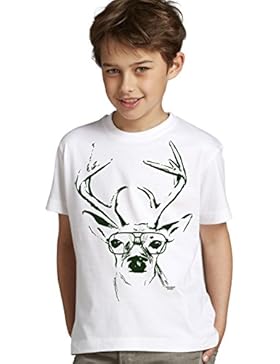 Hirsch mit Brille : : Trachtenshirt für Jungen : Volksfest Oktoberfest Wiesn T-Shirt : Farbe: weiss