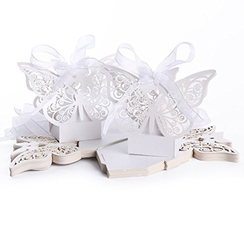 ULTNICE 50 Stück Folable 3D Schmetterling Candy Geschenkkartons für Hochzeitsparty mit weißen Bändern - 3