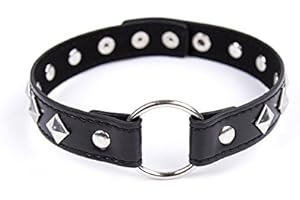 BONDAGERIE® Choker Collarino donna uomo con borchie quadrate e anello, in ecopelle, regolabile