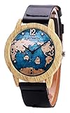 Holz Armbanduhr mit historisher Weltkarte als Ziffernblatt und schwarzem Lederarmband Unisex für Männer Frauen Jugendliche und auch Kinder