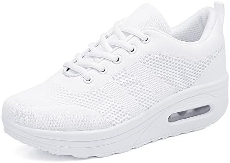 Women Running Trainers Athletic Shoes Platform Ladies Air Sole Shock Absorbing Shake Sneakers Gym Wedges Lace-up Mesh Thick Bottom 5cm Black Pink Purple White UK2-UK5.5 White UK2.5