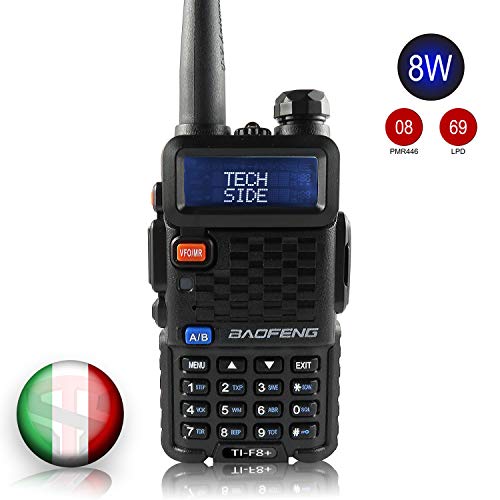 TECHSIDE MODELLO PIU' POTENTE | Radio TI-F8+ Dual Band Vhf/Uhf | COMPATIBLE MIDLAND G7 Pro G9 Plus canali PREINSTALLATI IDENTICI PMR446 LPD SoftAir Vigilanza Trekking | Accessori| Garanzia ITA