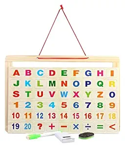 Saubhagya Global Wooden Frame Double Sided Magnetic Whiteboard and Black Slate with Alphanumeric, Mathematical Signs for Kids