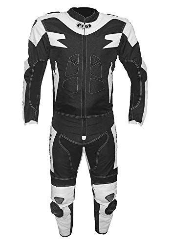 BIESSE - Traje de moto para adulto de piel y tela, divisible en 2 piezas, chaqueta y pantalón, ajustable, con protecciones CE (XL, blanco/negro