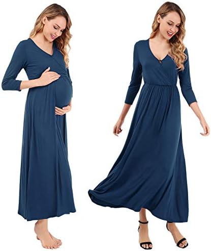 FISOUL Women's Maternity Dress for Photography 3/4 Sleeves V Neck Ruched Nursing Maxi Dress S-XXL