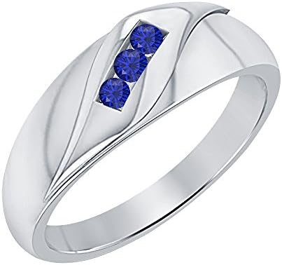 RUDRAFASHIONS 1.65ctw Round Cut Blue Sapphire .925 Sterling Silver Men's Wedding Three Stone Anniversary Band Ring