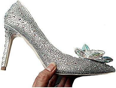 Huaibin Women's Crystal Bridal Glass Slipper Princess Leather Pumps 39