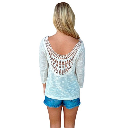 MK04 Autumn And Winter The New Women Lace Long sleeve Backless T-Shirt (M, WHITE)