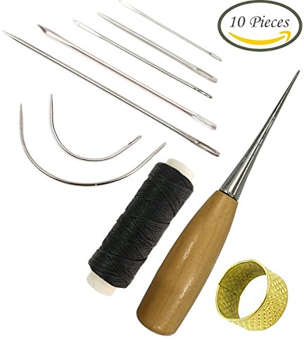 7-teilig gebogen Polster-Nähnadeln Nähnadeln mit gewachster Kordel Bohren Ahle und Fingerhut für Leder Reparatur