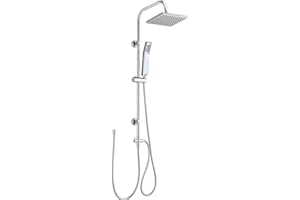 JAOSY Square Chrome Overhead Rain Shower Kit Dual Rigid Riser Rainfall Head and Hand Held Shower Twin Bath Set for Bathroom, Stainless Steel, with Fittings