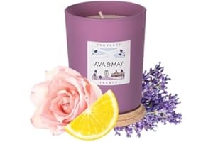 AVA & MAY Provenza Candela profumata (180g) – Vasetto con Candela in Cera vegetale dal Profumo di Lavanda, Rosa e Limone – Candele Artigianali Floreali