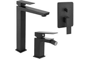 INBAGNO Set Miscelatori Per Lavabo Da Appoggio, Bidet E Doccia In Ottone Nero Opaco Della Linea Kubo, Completo Di Pilette Click Clack E Corpo Da Incasso