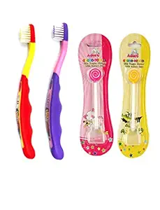 Adore Kid's Toothbrush with Cap and Tongue Cleaner Combo (Multi-Color, Pack of 4)