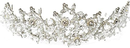 PLDJewelry Handmade Floral Alloy Twinning Round Rhinestone Crystal Crown Tiara Silver Wedding Prom