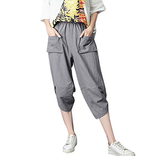 Preisvergleich Produktbild BHYDRY Frauen Lose Baumwolle Und Leinen Wadenlangen Casual Hosen(Medium,Grau)