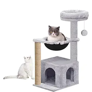 Mellifluous Soft Fur Condo Activity Cat Tree - Natural Sisal Rope, Scratching Post, Dangling Toys, Hanging Hammock for Cats and Kittens (32.3 Inch) (Grey)