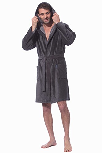 Morgenstern, Herren Kurz-Bademantel, mit Kapuze, Gr. M, anthrazit ( dunkel grau) , Größen S bis XL verfügbar, Außenseite kuschelige Microfaser Innenseite saugstarke Baumwolle ( Frottee ) - 4