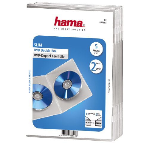 Hama DVD-Doppelhülle Super Slim 5er-Pack (auch passend für CDs und Blu-rays) ultra schmal, mit Folie zum Einstecken des Covers, transparent