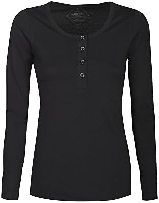 James Harvest Ladies Henley Top. Organic Cotton Long Sleeve Jersey Top, Black or White, XS-2XL (2XL, Black)