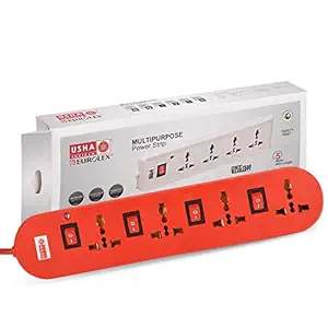 USHA SHRIRAM 4 Socket 4 Switch Power Strip | Extension Board | Extension Cord | Surge Protector | Spike Guard with Heavy Duty Copper Wire { 5 Meter Long Wire }- 1 Year Warranty (Pack of 1)- Magic RED