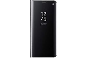 QPOLLY Miroir Coque Compatible avec Samsung Galaxy A6 2018 Translucide Clear View Flip Case Portefeuille à Rabat Etui en Cuir + PC Matière Couleur Plaquée Housse de Protection avec Fonction Stand,Noir