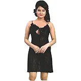 Indiatrendzs Black Stretchable Net Short Nighty With Lingerie 3 pc Set