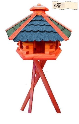 Vogelhaus, Futterstation aus Holz groß B50g-bEMS Holz mit GRÜN BLAU ein mit Ständer Vogelhaus