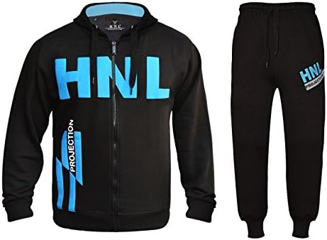 HNL Projection Mens Tracksuit Joggers Sweatshirt Hoddie Zip Up Top Jog Pants Cuffed Trouser Bottoms Sports Pants (Black/Turq 928, X-Large)