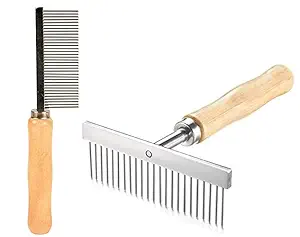 PSK PET MART Wooden Handle Metal Teeth Anti Shedding Comb & Strong Wooden Handle for Easy Grip | Pet Grooming Comb pack of 2