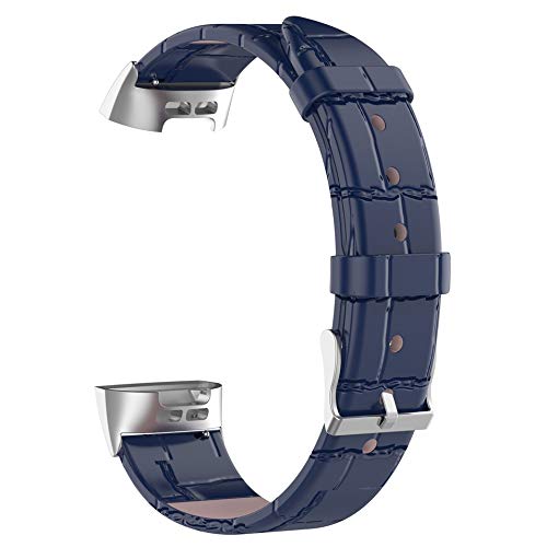 Preisvergleich Produktbild HermosaUKnight Für Fitbit Charge3 Bambus Lederband Krokodilleder Ersatzband Blau