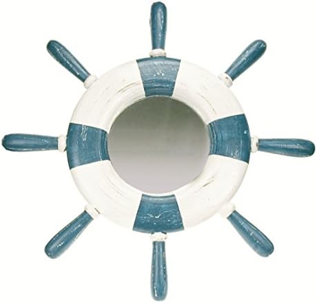 Wooden Ship' s Wheel Mirror Ideal Hallway Mirror Distressed in White with Blue