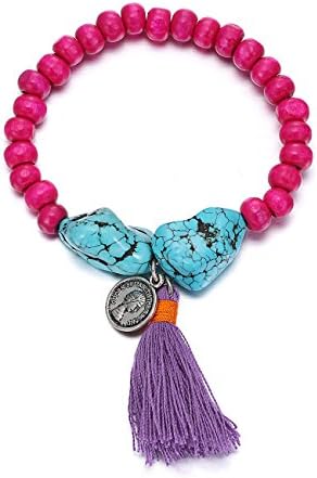 eManco Gypsy Pink Fuchsia Wood Bead Bracelet Tassel Turquoise Coin Charms for Women Jewellery