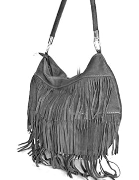 Leder Beuteltasche Shopper mit Fransen (37 /28 / 7 ) echtes Wildleder, Mod.2034-8 Grau Italy