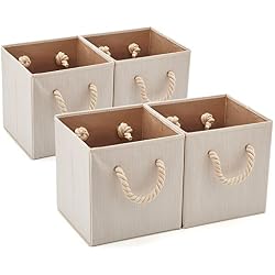 EZOWare Panier de Rangement Pliable en Tissu avec Poignée en Corde de Coton, Boîte de Rangement pour Etagères, Placard etc - Pack de 4 (26.7 x 26.7 x 28 cm) (Beige au Grain de Bois)