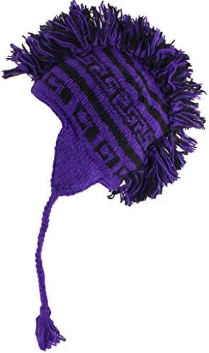 MOHAWK PUNK HAT WOOL KNIT FLEECE LINED EARFLAP BEANIE PURPLE &amp; BLACK