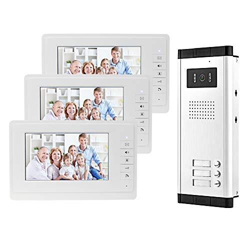 uoweky 7 '' Cámara de Visión Nocturna por Infrarrojos Sistema de Puerta por Color Video por Infrarrojos + Pantallas de Control para 2/3 Departamentos (3 Apartamentos)