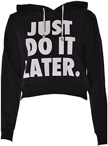 Women Just Do It Later Print Cropped Hoodie Sweat Top Black XL