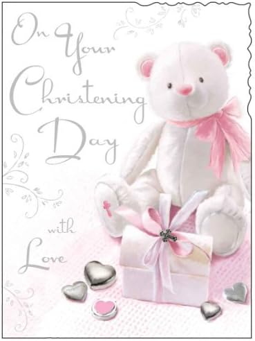Jonny JavelinChristening Day' Card - with Love - White and Pink Teddy - Silver Foil Flittered Finish