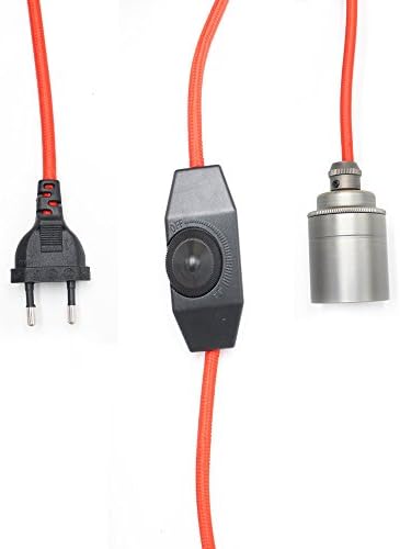 REACHYEA Vintage Plug-In Hanging Pendant Light Fitting, Edison Lamp Holder Ceiling Lights Chandelier with dimmer Switch, 2M Fabric Cable Red