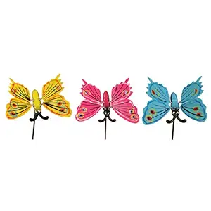 Wonderland, Set of 3, Plastic Butterfly Stake/Sticks / Stakes in Blue, Pink and Yellow for Planter Decoration, Garden Decor, Home and Balcony Decorative Item, Gift