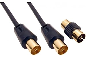 ALIDA SYSTEMS - 1m Aerial Coaxial Cable with Gold-Plated Connectors, Male to Male RF Coax Lead with Female Adapter Coupler for Freeview, Freesat, Sky, Virgin, BT, You View, Satellite TV - Black