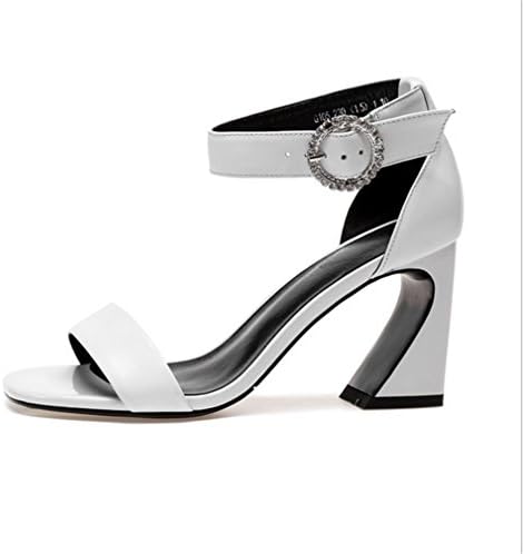 BIANJESUS Sandals Female Women Summer Middle Highthick Heel Leather Buckle Slope Hasp Fashion Comfortable Casual Square Head Open Toe Rhinestone Hollow Buckle Horseshoe,White,EU39