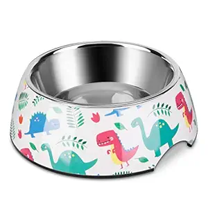 Flexzion Stainless Steel Dog Bowl Cat Dish - Anti-Slip Slip Resistant Rubber Base Pet Feeder, Dishwasher Safe & Rust Resistant with Removable Food Water Holder up to 24 Fl Oz (Cute Dinosaur)